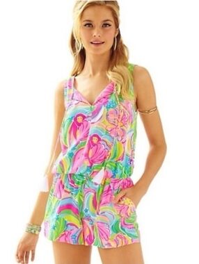 Lilly Pulitzer Pink and Green Tybee Sleeveless Printed Romper